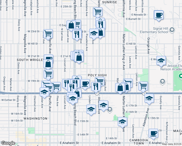 map of restaurants, bars, coffee shops, grocery stores, and more near 525 East Rhea Street in Long Beach