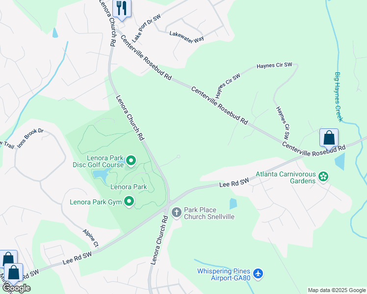 map of restaurants, bars, coffee shops, grocery stores, and more near 4477 Lenora Church Road in Snellville