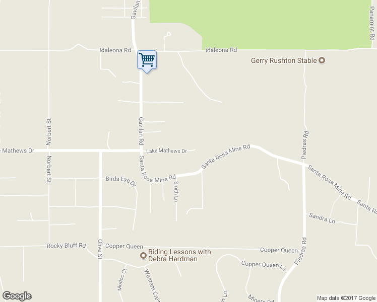 map of restaurants, bars, coffee shops, grocery stores, and more near 17751 Lake Mathews Drive in Perris