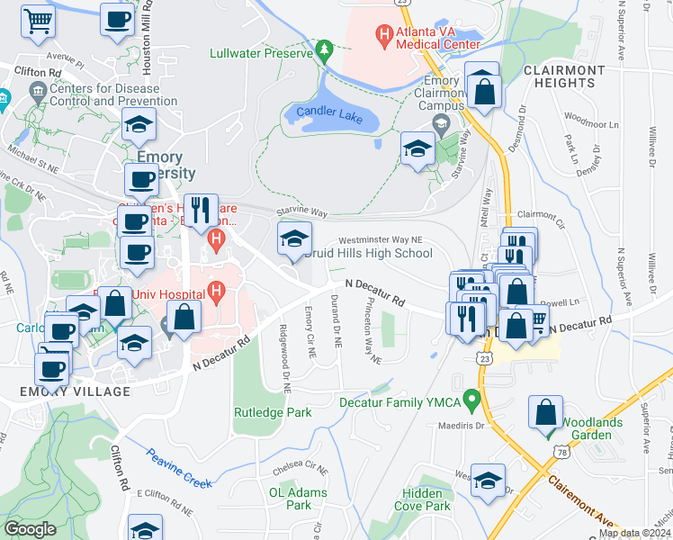 map of restaurants, bars, coffee shops, grocery stores, and more near Access Path to Tennis Courts in Atlanta