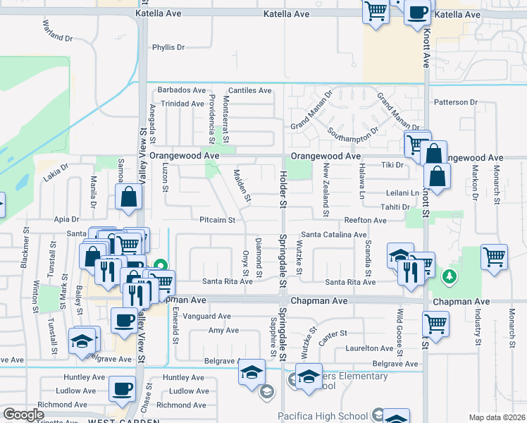 map of restaurants, bars, coffee shops, grocery stores, and more near 6404 Tokelau Street in Cypress