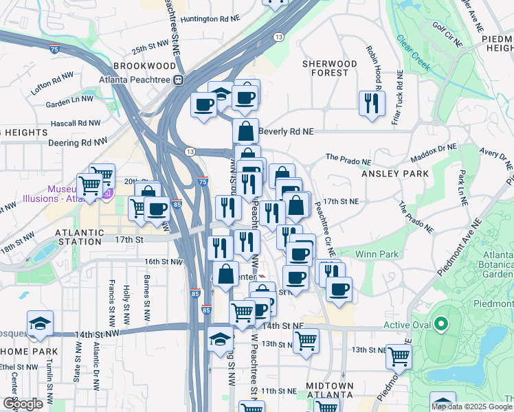 map of restaurants, bars, coffee shops, grocery stores, and more near 1420 Peachtree Street Northeast in Atlanta
