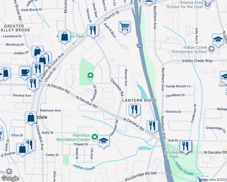 map of restaurants, bars, coffee shops, grocery stores, and more near 3377 Park Pointe Circle in Scottdale