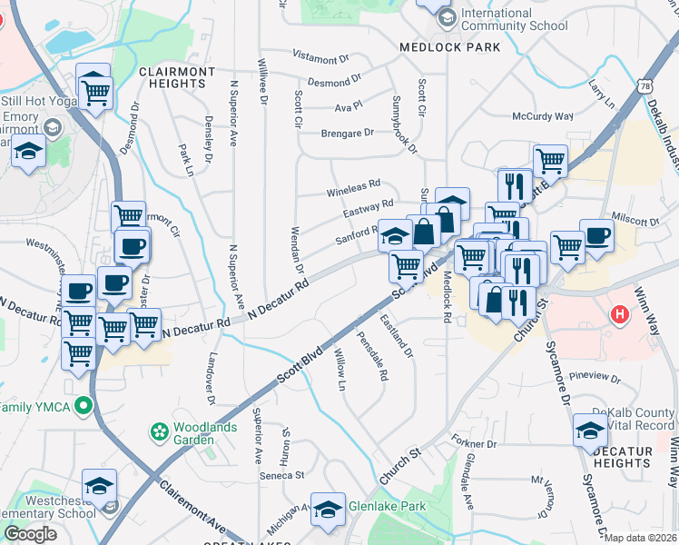 map of restaurants, bars, coffee shops, grocery stores, and more near 2386 North Decatur Road in Decatur