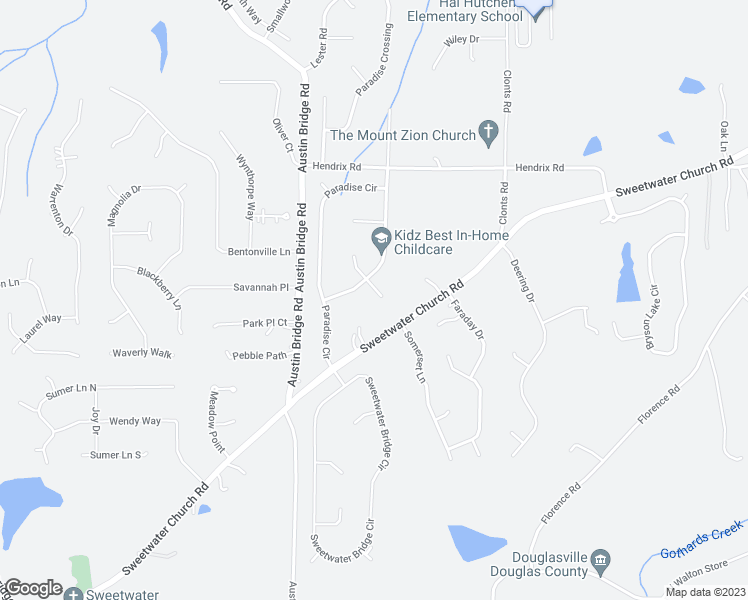 map of restaurants, bars, coffee shops, grocery stores, and more near 58 Paradise Court in Douglasville