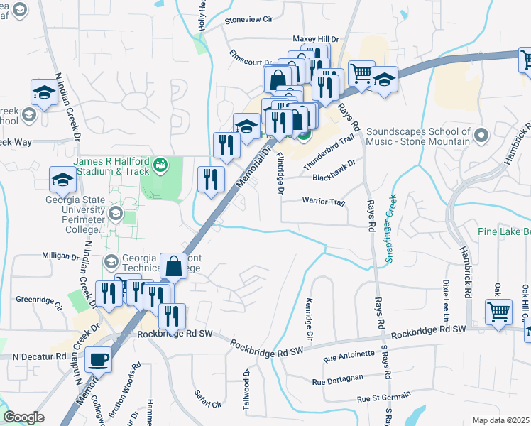 map of restaurants, bars, coffee shops, grocery stores, and more near 585 Doyal Mills Court in Stone Mountain