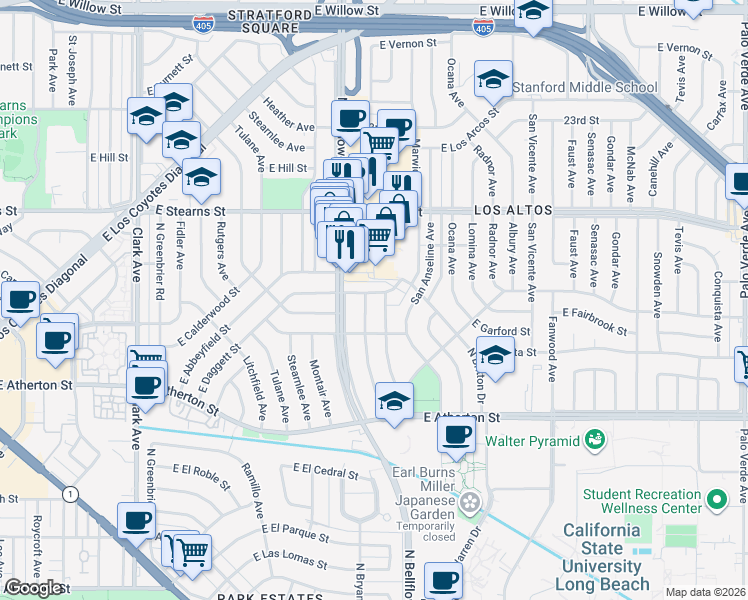 map of restaurants, bars, coffee shops, grocery stores, and more near 5536 East Daggett Street in Long Beach
