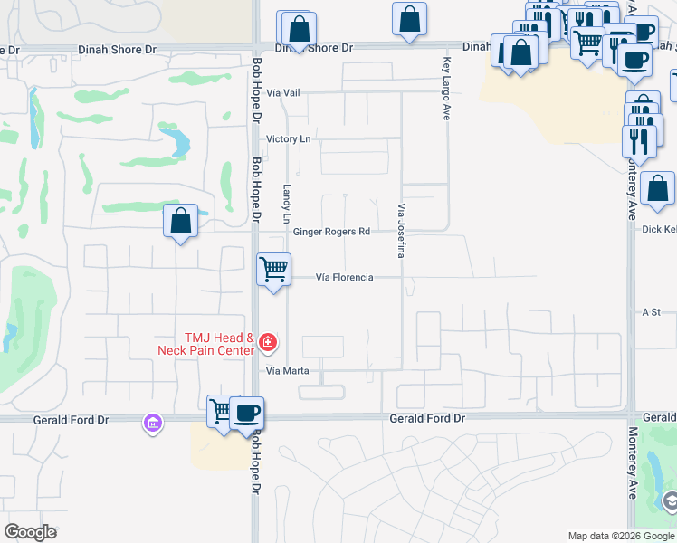 map of restaurants, bars, coffee shops, grocery stores, and more near 72170 Mesa Drive in Rancho Mirage