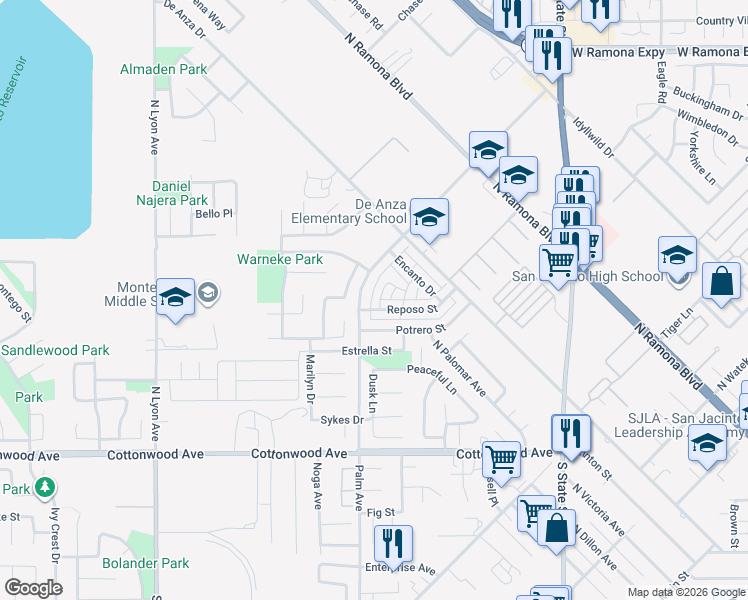 map of restaurants, bars, coffee shops, grocery stores, and more near 416 Camino Corto in San Jacinto