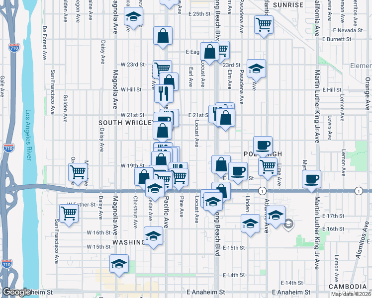 map of restaurants, bars, coffee shops, grocery stores, and more near 1952 Pine Avenue in Long Beach