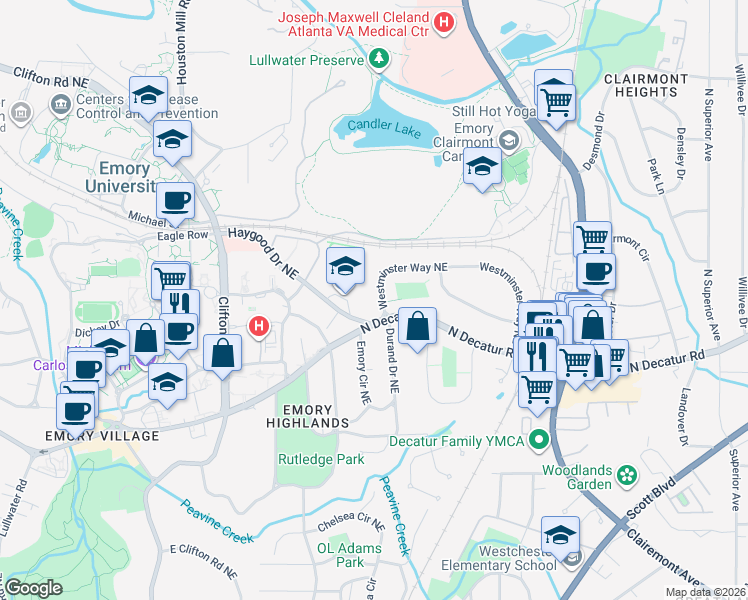 map of restaurants, bars, coffee shops, grocery stores, and more near 1886 North Decatur Road in Atlanta