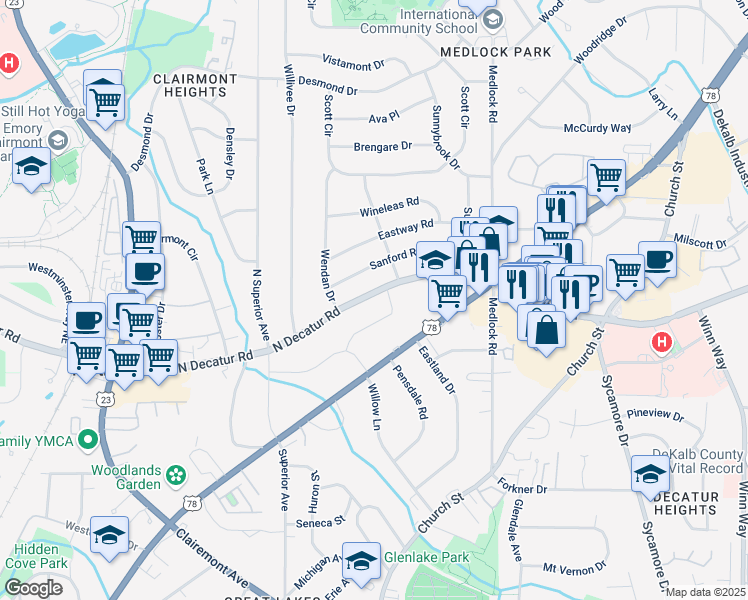 map of restaurants, bars, coffee shops, grocery stores, and more near 2383 North Decatur Road in Decatur