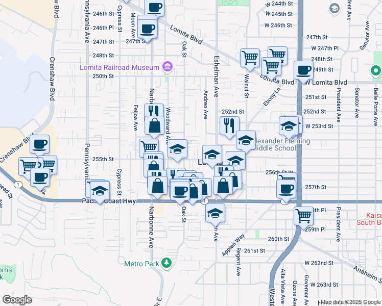 map of restaurants, bars, coffee shops, grocery stores, and more near 25400 Oak Street in Lomita