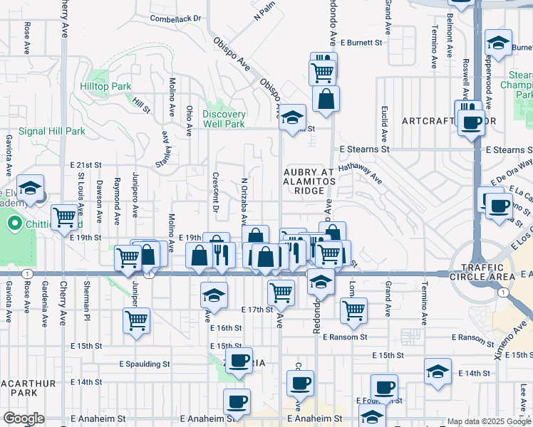 map of restaurants, bars, coffee shops, grocery stores, and more near 2001 Obispo Avenue in Long Beach