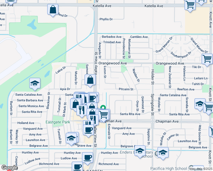 map of restaurants, bars, coffee shops, grocery stores, and more near 6056 Palau Street in Cypress