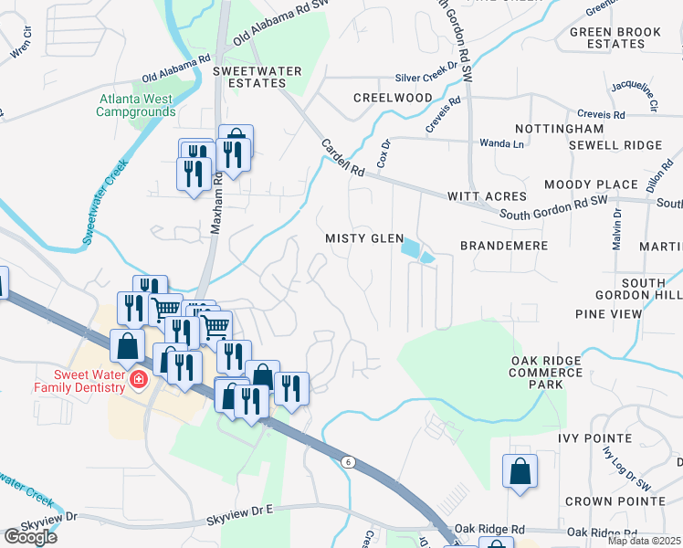 map of restaurants, bars, coffee shops, grocery stores, and more near 6599 Coventry Point in Austell