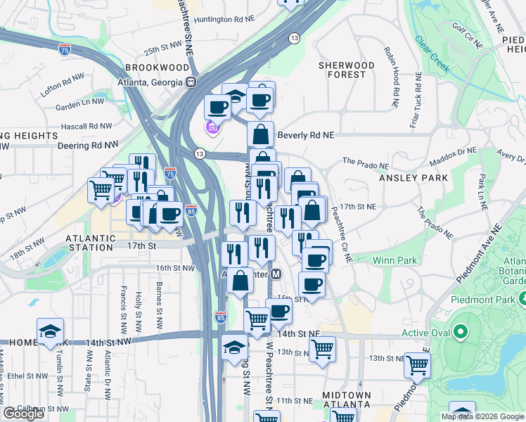 map of restaurants, bars, coffee shops, grocery stores, and more near 1422 Georgia 9 in Atlanta