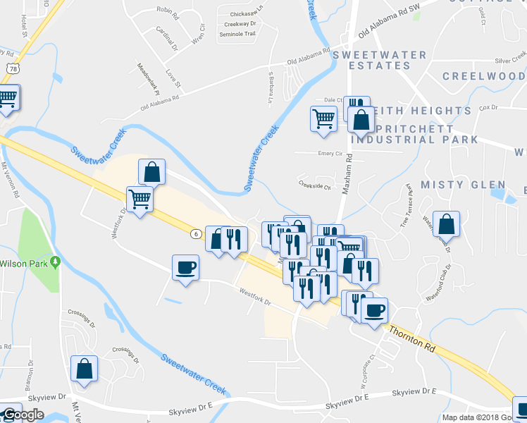 map of restaurants, bars, coffee shops, grocery stores, and more near 603 Westpark Place in Lithia Springs