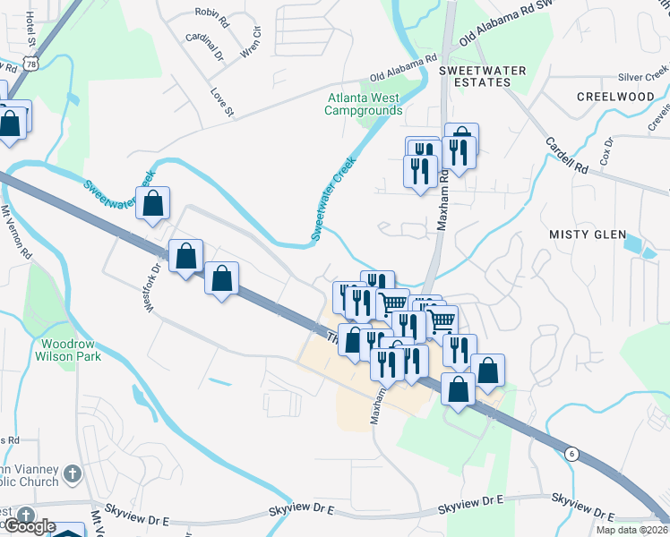 map of restaurants, bars, coffee shops, grocery stores, and more near 607 Westpark Place in Lithia Springs