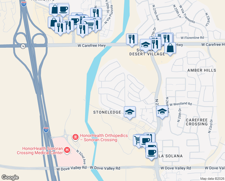 map of restaurants, bars, coffee shops, grocery stores, and more near 2938 West Amber Sun Drive in Phoenix
