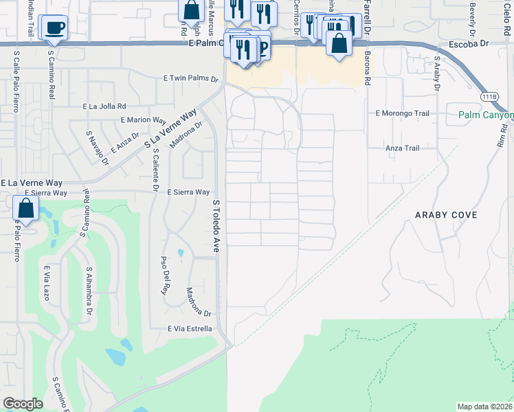 map of restaurants, bars, coffee shops, grocery stores, and more near Orocopia Road in Palm Springs