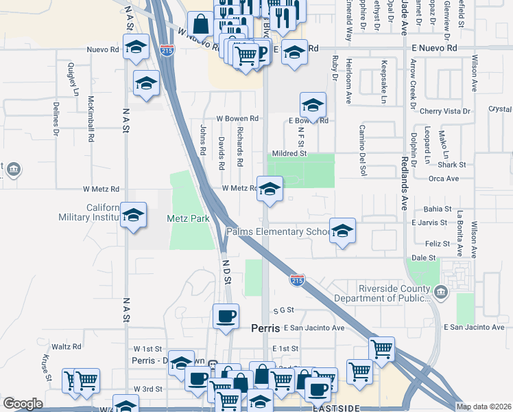 map of restaurants, bars, coffee shops, grocery stores, and more near 780 North Perris Boulevard in Perris