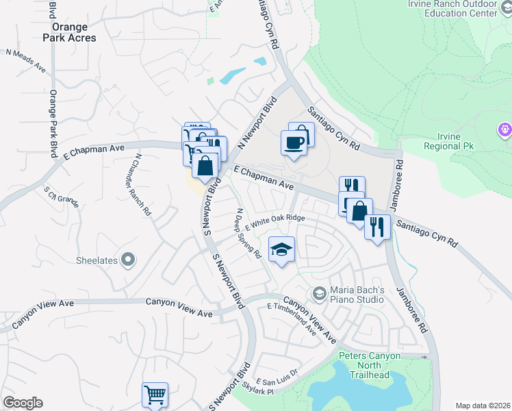 map of restaurants, bars, coffee shops, grocery stores, and more near 410 North Fawnwood Lane in Orange