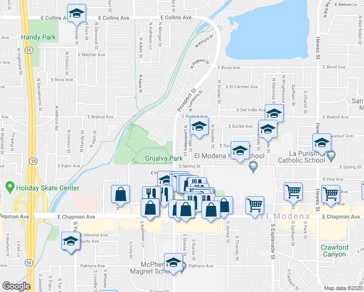 map of restaurants, bars, coffee shops, grocery stores, and more near 3331 East Carnegie Lane in Orange