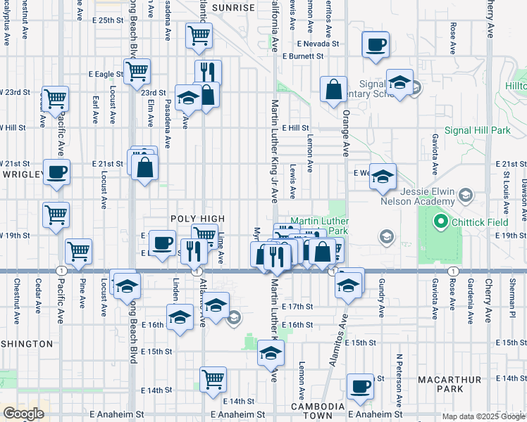 map of restaurants, bars, coffee shops, grocery stores, and more near 830 East 20th Street in Long Beach
