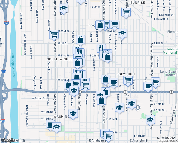 map of restaurants, bars, coffee shops, grocery stores, and more near 1977 Pine Avenue in Long Beach