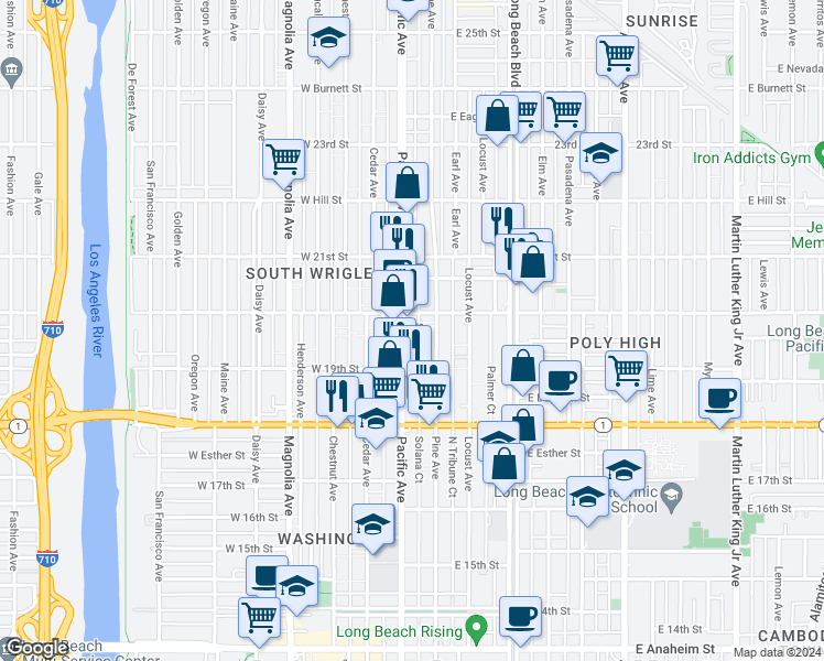 map of restaurants, bars, coffee shops, grocery stores, and more near 2003 Pacific Avenue in Long Beach