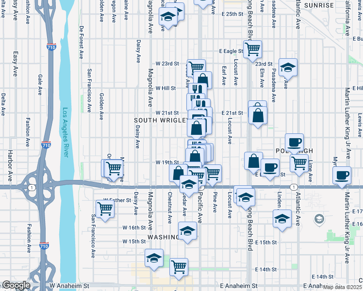 map of restaurants, bars, coffee shops, grocery stores, and more near 311 West 20th Street in Long Beach