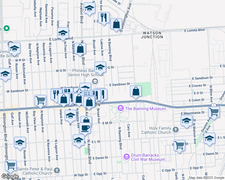 map of restaurants, bars, coffee shops, grocery stores, and more near 1501 North Banning Boulevard in Los Angeles