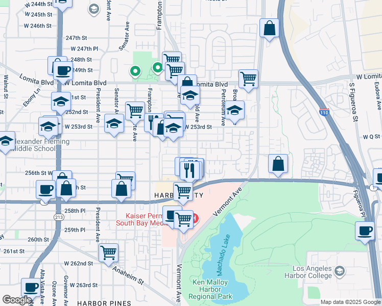 map of restaurants, bars, coffee shops, grocery stores, and more near 1102 254th Street in Los Angeles
