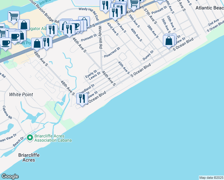 map of restaurants, bars, coffee shops, grocery stores, and more near 201 46th Avenue South in North Myrtle Beach