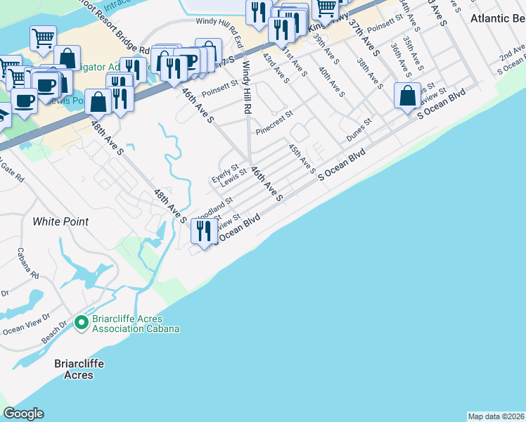 map of restaurants, bars, coffee shops, grocery stores, and more near 4613 Surf Street in North Myrtle Beach