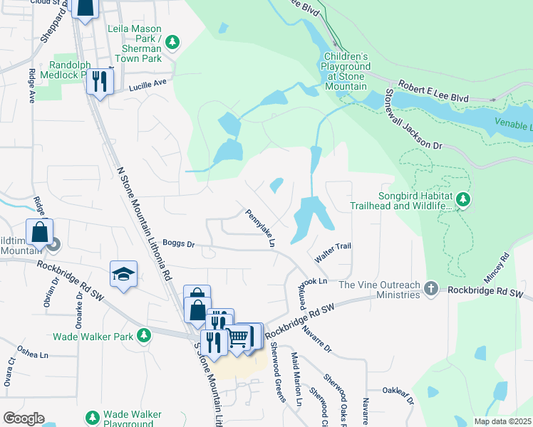 map of restaurants, bars, coffee shops, grocery stores, and more near 589 Catrina Court in Stone Mountain