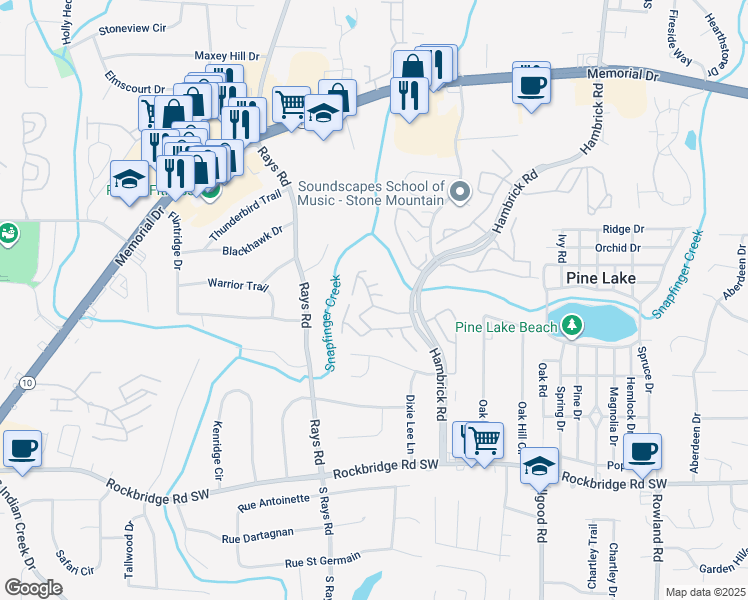map of restaurants, bars, coffee shops, grocery stores, and more near 596 Pawnee Court in Stone Mountain