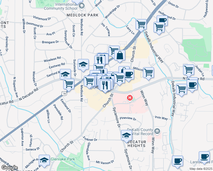map of restaurants, bars, coffee shops, grocery stores, and more near 2566 Blackmon Drive in Decatur