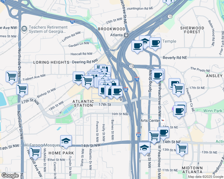 map of restaurants, bars, coffee shops, grocery stores, and more near 264 Market Street Northwest in Atlanta