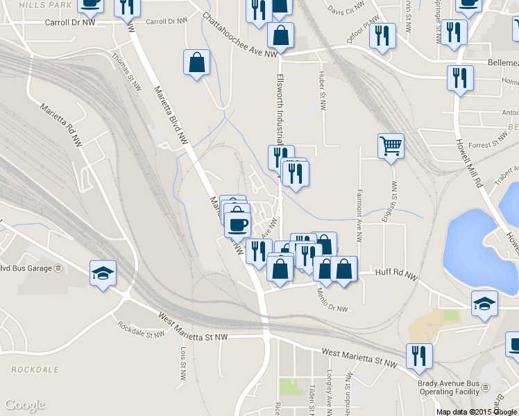 map of restaurants, bars, coffee shops, grocery stores, and more near 1292 Nervi Mews NW in Atlanta