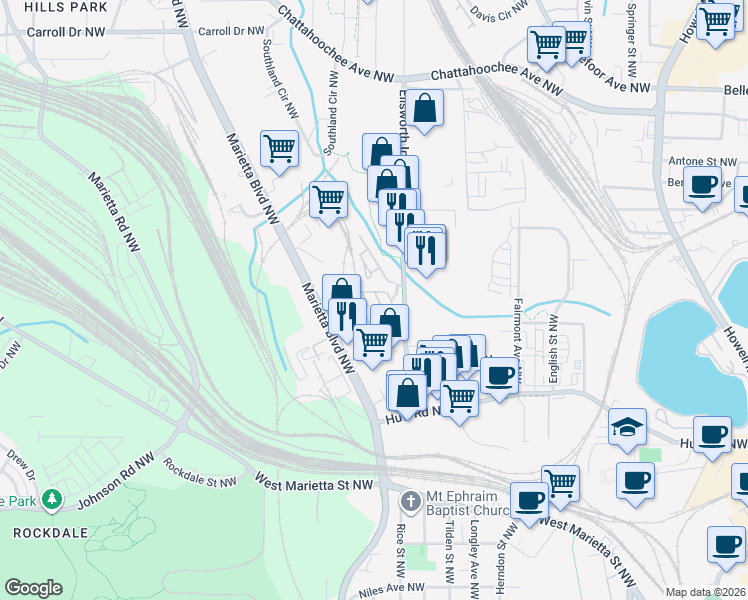 map of restaurants, bars, coffee shops, grocery stores, and more near 1292 Nervi Mews Northwest in Atlanta