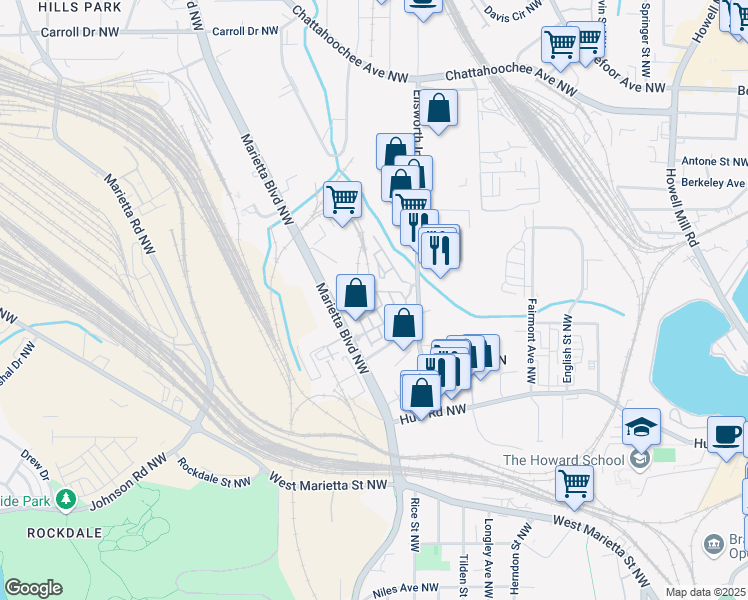 map of restaurants, bars, coffee shops, grocery stores, and more near 1370 Stirling Circle Northwest in Atlanta