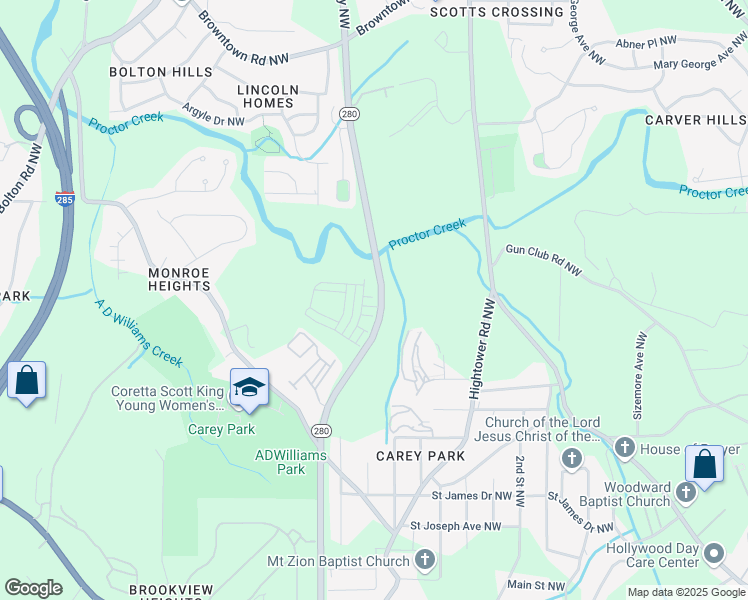 map of restaurants, bars, coffee shops, grocery stores, and more near 2631 Creekside Drive Northwest in Atlanta