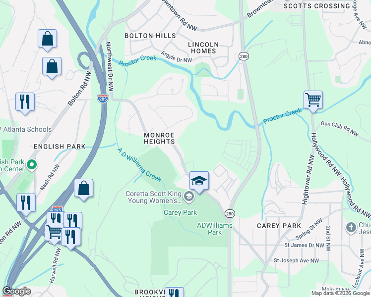 map of restaurants, bars, coffee shops, grocery stores, and more near 1345 Northwest Drive Northwest in Atlanta