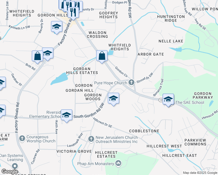 map of restaurants, bars, coffee shops, grocery stores, and more near 250 South Gordon Road Southwest in Mableton