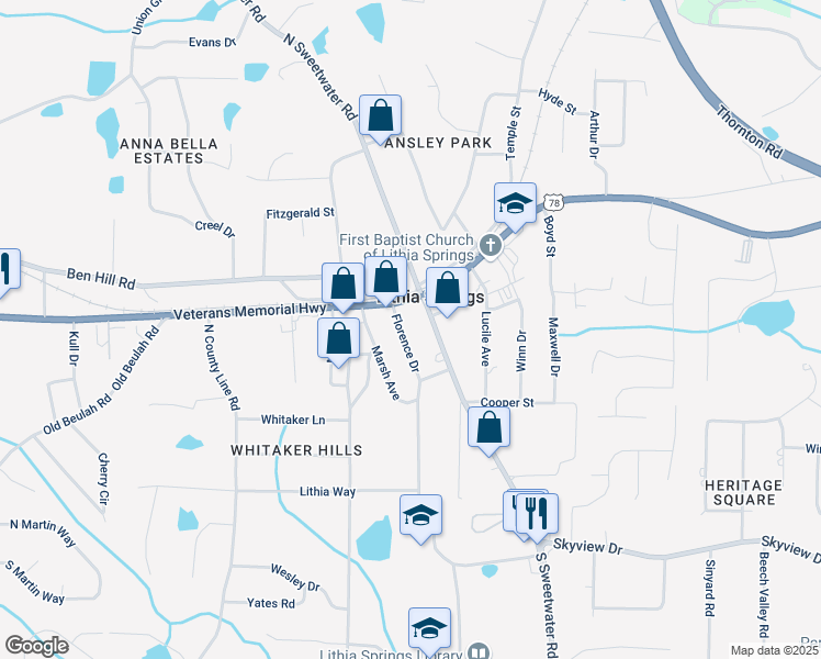 map of restaurants, bars, coffee shops, grocery stores, and more near 6648 Florence Drive in Lithia Springs