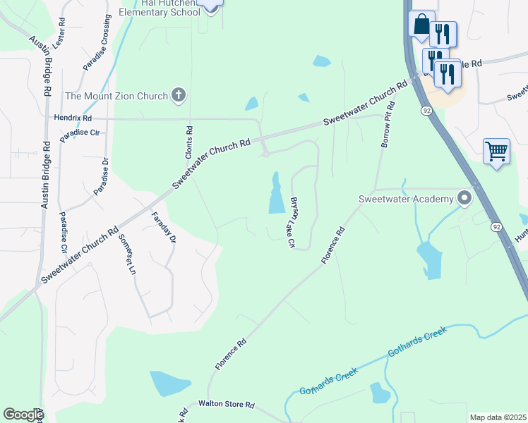 map of restaurants, bars, coffee shops, grocery stores, and more near 115 Haven Brook Way in Douglasville