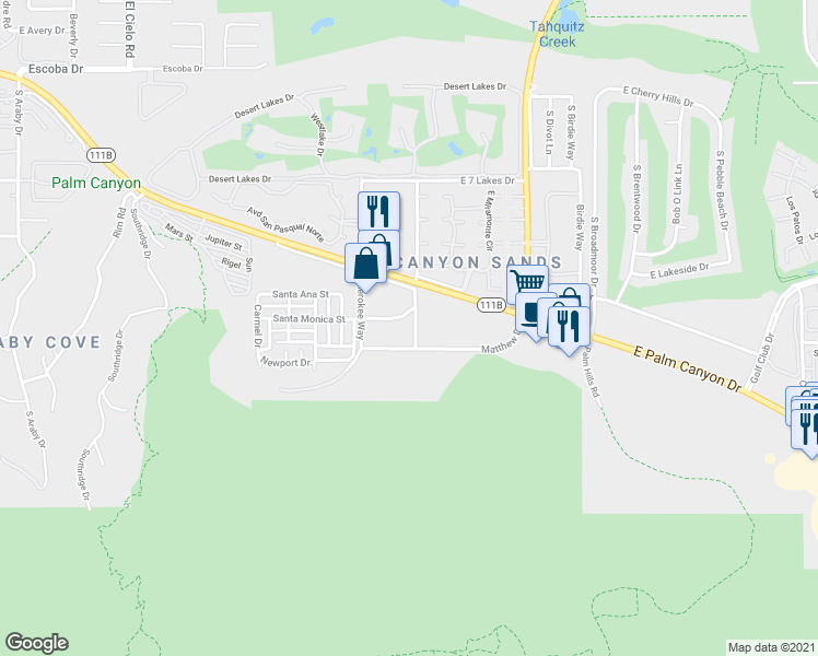 map of restaurants, bars, coffee shops, grocery stores, and more near 2601 South Linden Way in Palm Springs