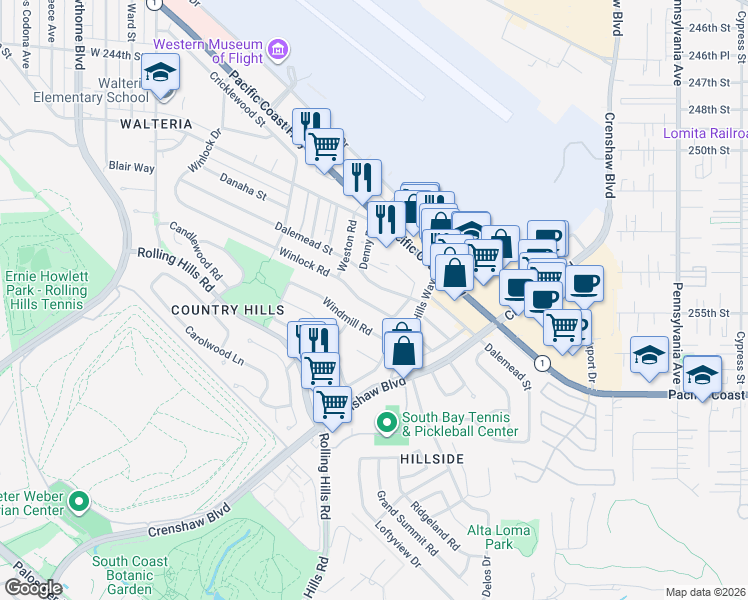 map of restaurants, bars, coffee shops, grocery stores, and more near 2901 Winlock Road in Torrance